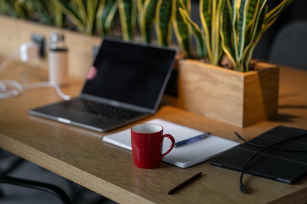 A cozy indoor workspace featuring a laptop, red coffee mug, notebooks, and plants.